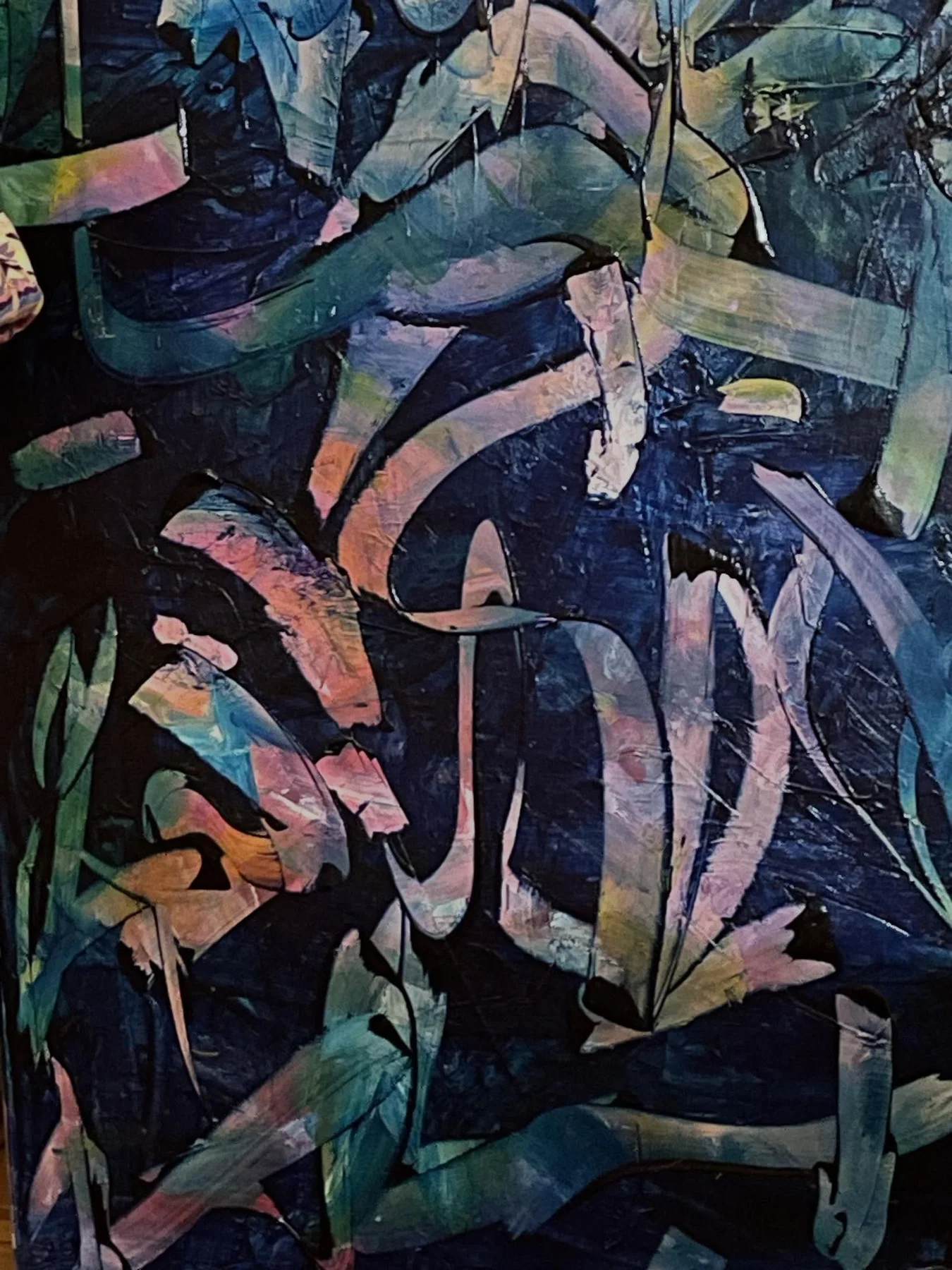 Layered abstract oil painting in deep blue, green and muted pink